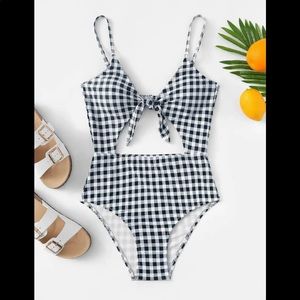 Gingham Pattern Cut-Out One Piece Swimsuit
